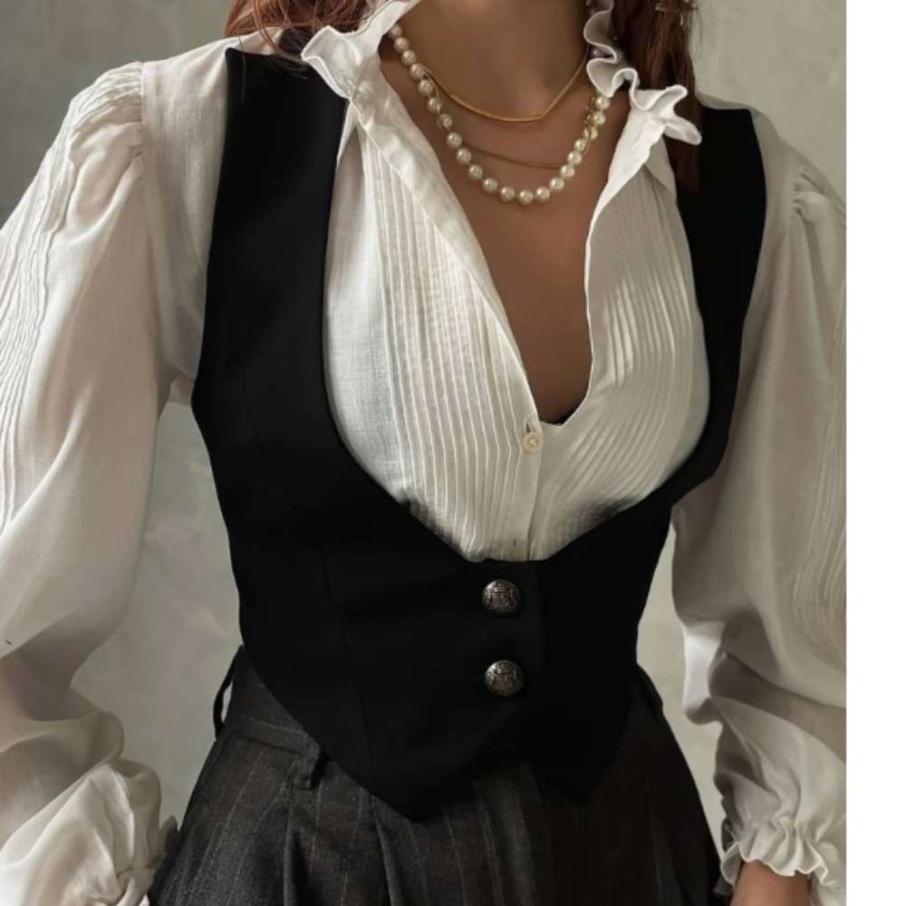 Casual Polyester Elegant Women's Black V-Neck Vest with Pearl Detail